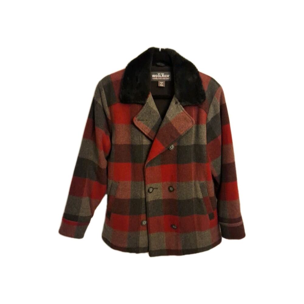 Woolrich Womens Red Black Gray Buffalo Plaid Wool Double Breast Jacket M Button